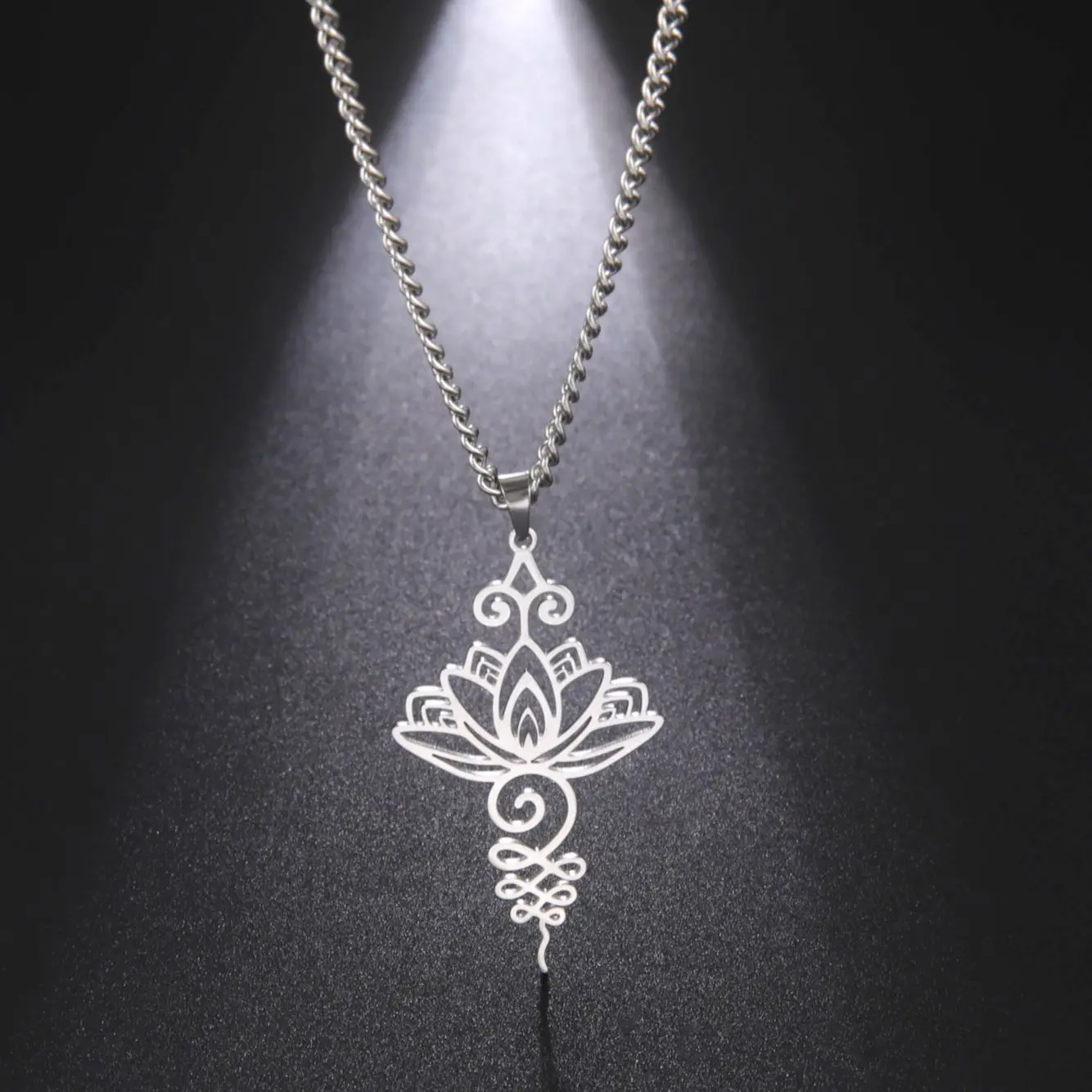 Dawapara Lotus Flower Pendant Necklace Men Women Yoga Healing Charms Unalome Symbol Amulet Stainless Steel Jewelry