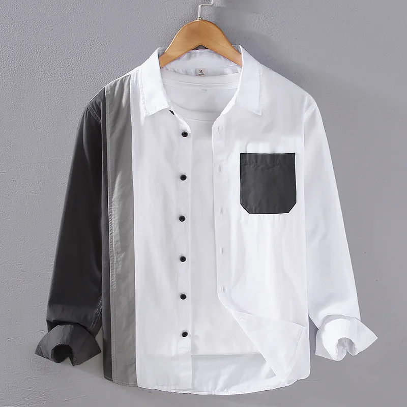 2304 New Design Japan Style Patchwork Cotton Long Sleeve Shirts Handsome Youth Lapel Causal Loose Trend Summer Male Blouse Tops