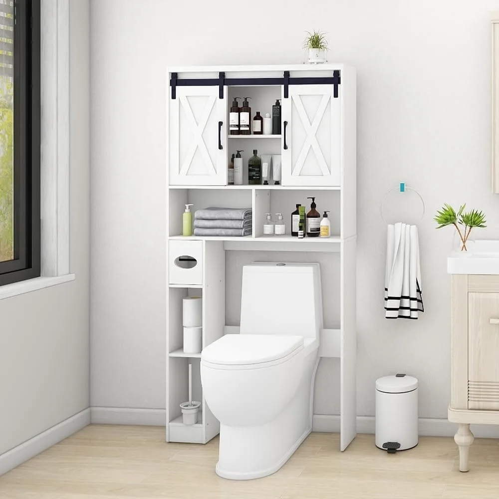 

Over The Toilet Storage Cabinet, Farmhouse Storage Cabinet Over Toilet with 2 Sliding Door & Toilet Paper Holder Stand，Home Spac