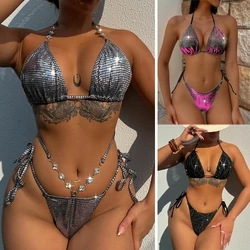 New Sexy Triangle Bikini Push Up Bikinis Women Bling Bling String Swimwear 2 Piece Swimsuit Glitter Bathing Suit Bather Biquini