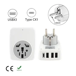European Power Strip With 3 USB and 1 Type-C Port Travel Adapter Wall Socket Extension Power Plug Adapter AC Converter Outlet