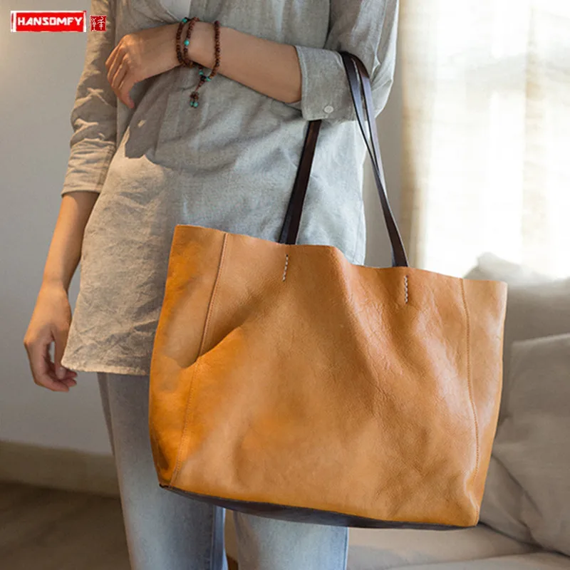 Genuine Leather Women Handbag Handmade Large Capacity Shoulder Bag Tote Bags New Original 2024 First Layer Leather Female