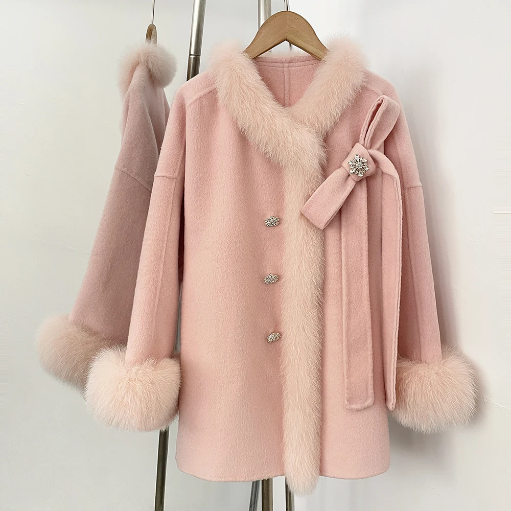 

OFTBUY Шерстяное пальто с отделкой из натурального меха, зимнее пальто для женщин, шерстяной плащ с меховыми рукавами, высокое качество