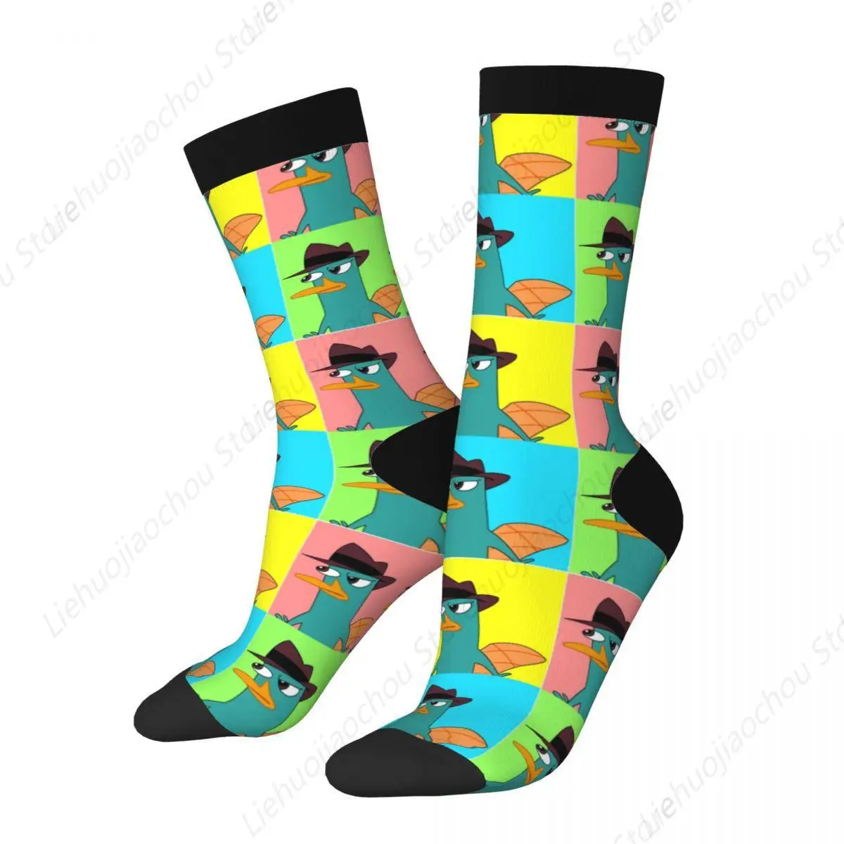 Funny Perry The Platypus Collage Sports Socks Cartoon Polyester Crew Socks for Women Men Sweat Absorbing