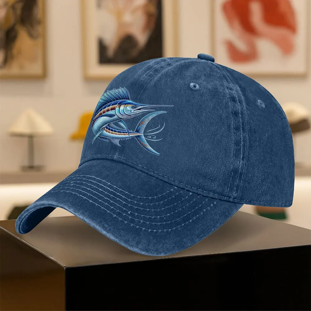 Blue Marlin Print Washed Denim Baseball Cap for Men Women Outdoor Activities