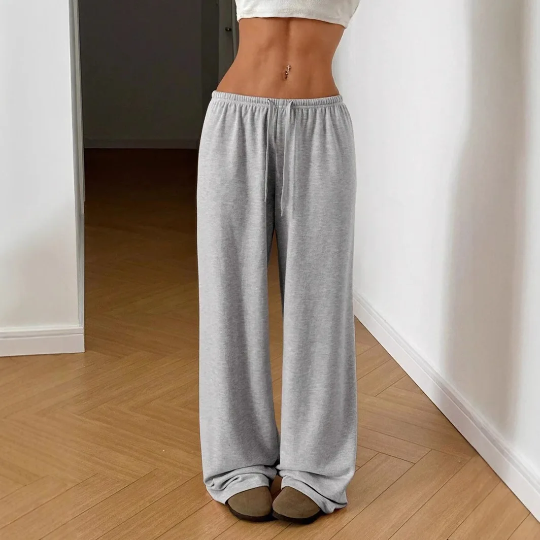 Exploding European and American women's clothing solid color trousers elastic waist lace-up wide-leg casual pants