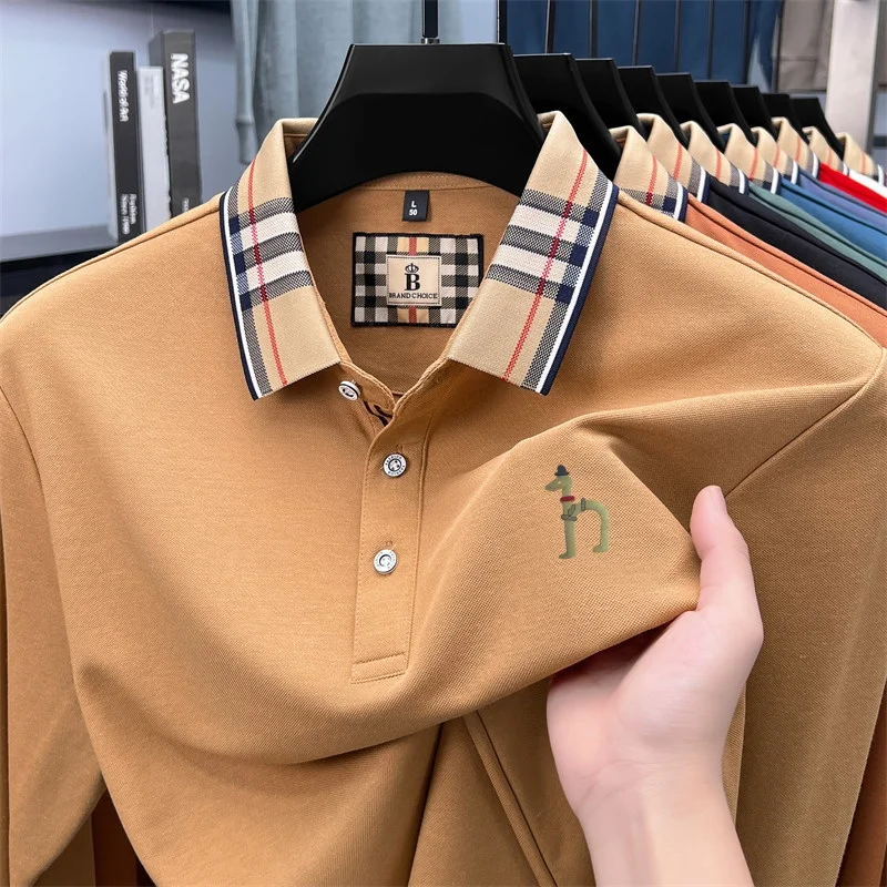 Herren Herbst Neues Original Modisches Baumwoll-Print-Polohemd Knitterfreies Einfarbiges Langarm-T-Shirt Vielseitige Herrenbekleidung – Detail 10