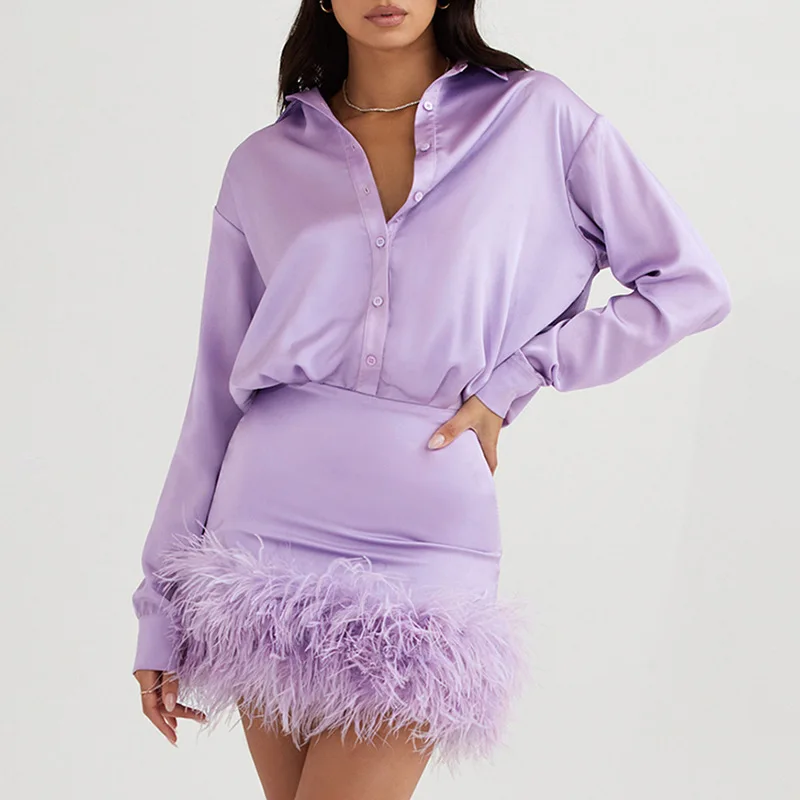 

New Temperament Hip Wrap Dress Fashion Long Sleeve Solid Satin Feather Decorative Shirt Dress One Piece Women's Dress