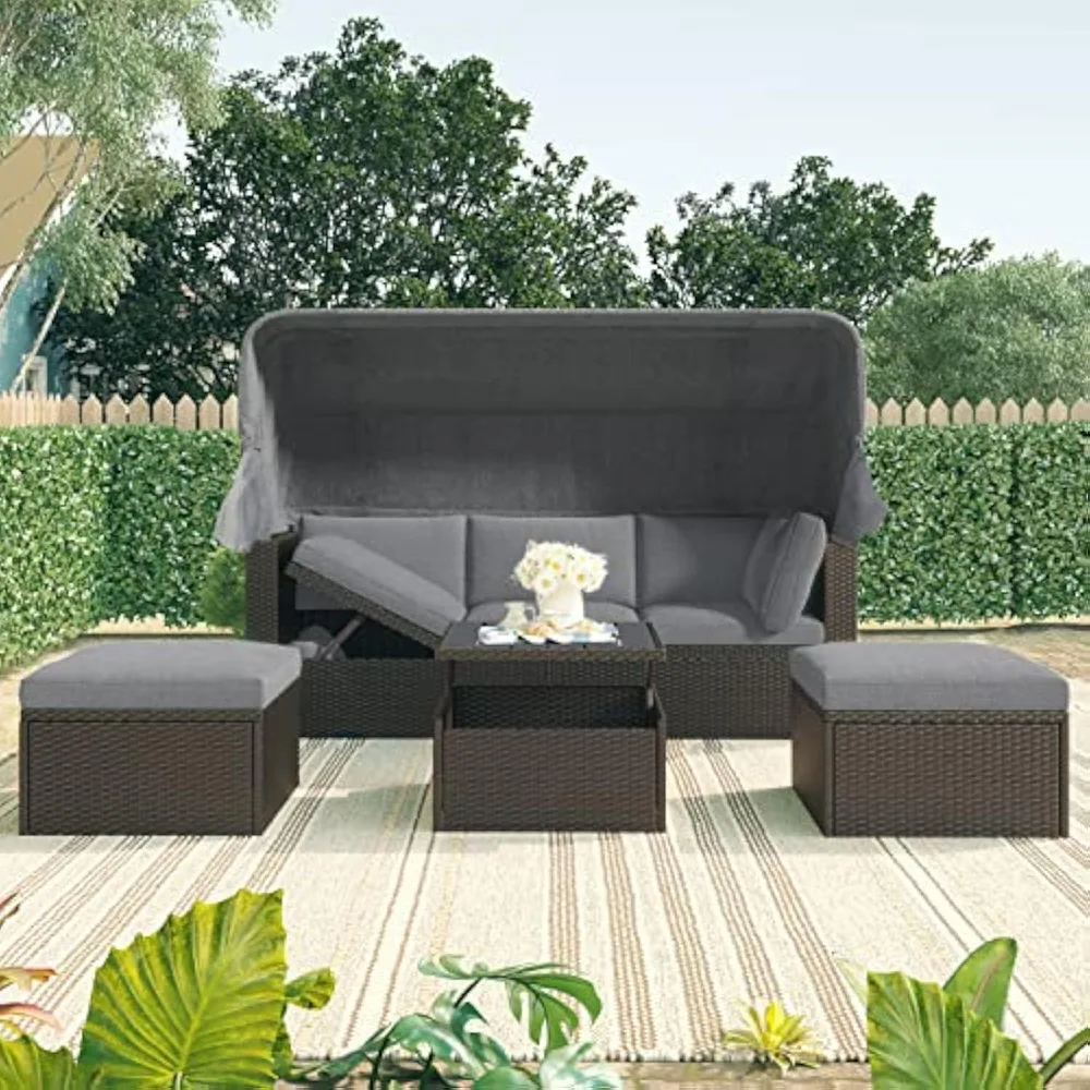 Outdoor Patio Rectangle Daybed with Retractable Canopy,Wicker Furniture Sectional Seating,Patio Sofa Set with Washable Gray Cus