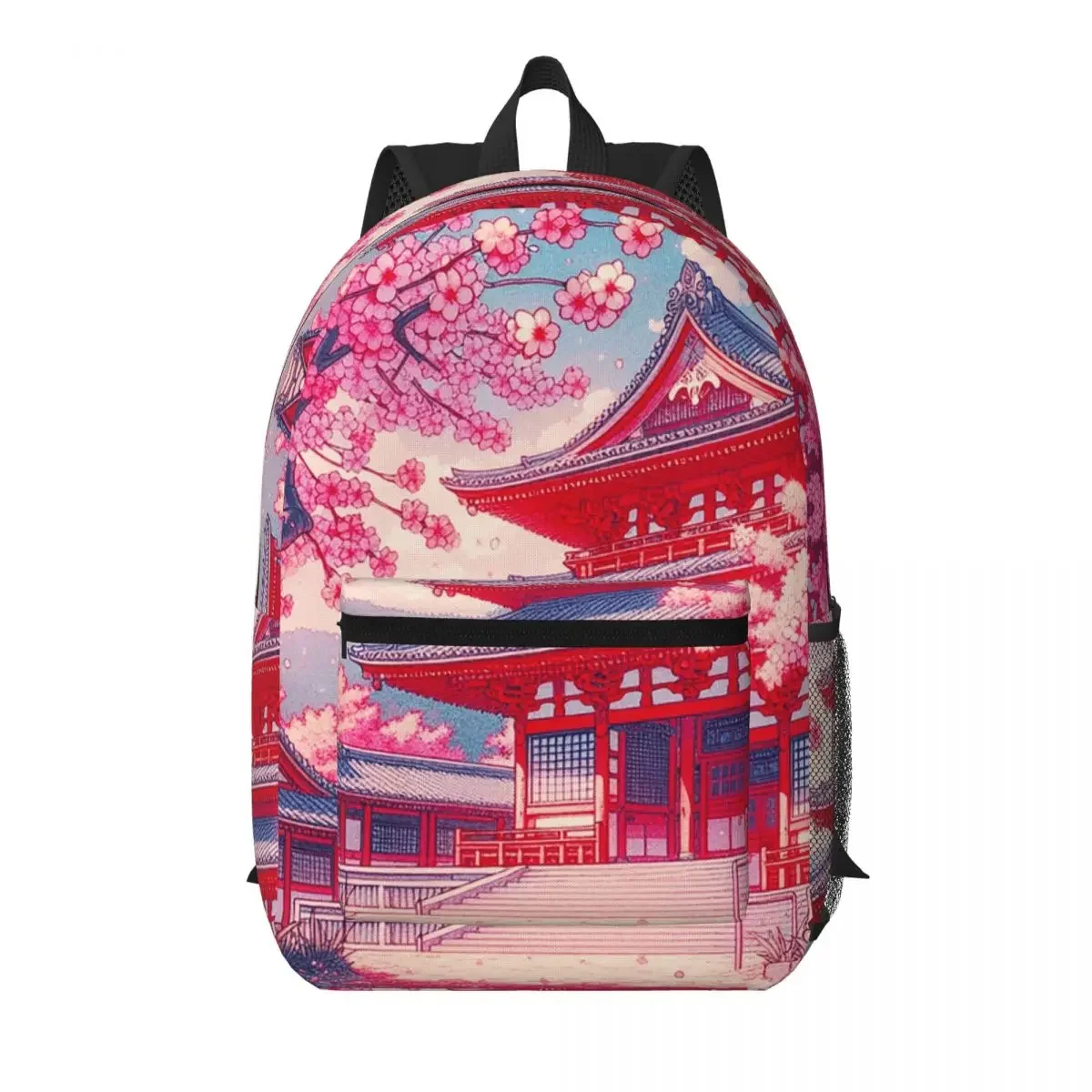 Traditional Asian Architecture With Cherry Blossoms Backpack School Bag Hiking Travel Daypack for Unisex Bookbag Shoulder Bags