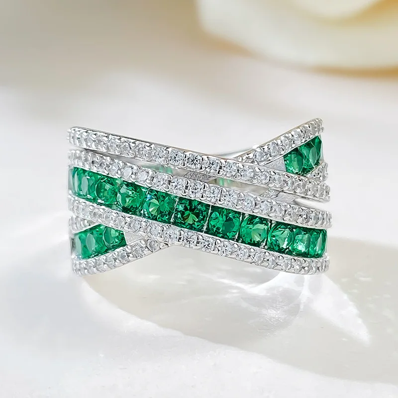 

Handmade Across Emerald Diamond Ring 100% Real 925 Sterling Silver Engagement Wedding Band Rings for Women Bridal Jewelry