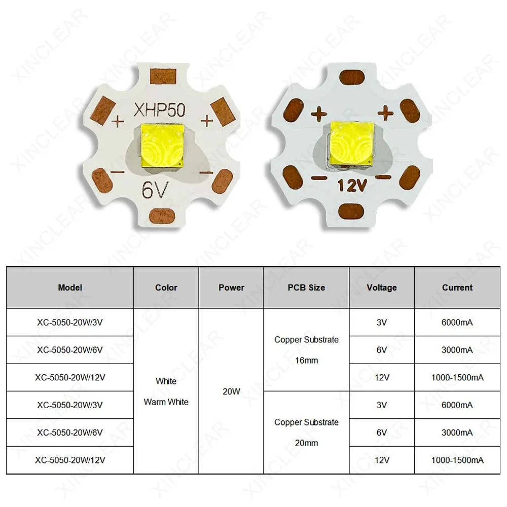 Imagem -02 - Potência 20w Led Xhp50 Chip Branco Quente 3v 6v 12v com 20 mm 16 mm Placa de Cobre 1.5a 3a 6a para Lanterna Faça Você Mesmo Luz do Carro Alta