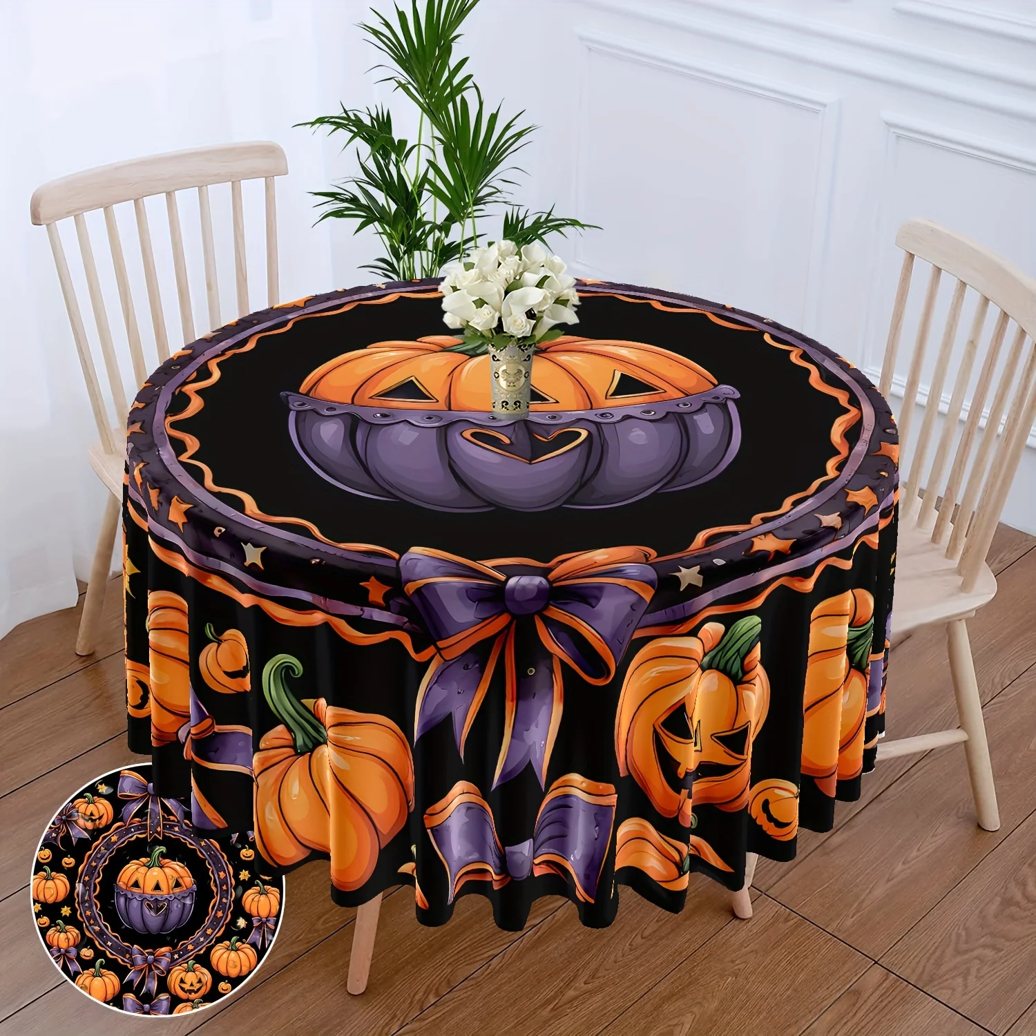 VIKAMA Halloween Cartoon Pumpkin Tablecloth Orange And Purple Colour Clash Waterproof Round Party Theme Restaurant Decoration