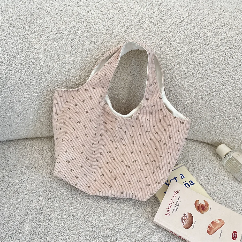

Sweet Floral Corduroy Women's Small Shoulder Bags Simple Female Lunch Bento Bag Large Capacity Clutch Purse Retro Handbags