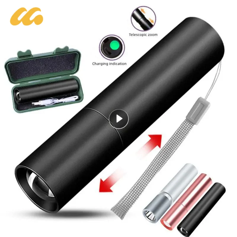 Mini Torch LED Rechargeable Flashlight With Hanging Rope Keychain Rotary Switch Waterproof Outdoor Camping Emergency Flashlight