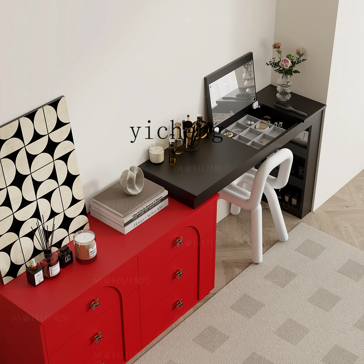 XL medieval style bedroom dresser chest cabinet integrated flip mirror makeup table multi-function