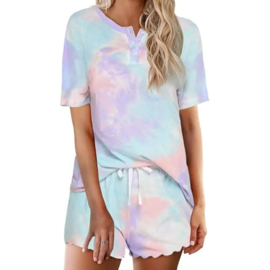 

Pajamas Set for Women Short Sleeve Lounge Set 2 Pcs Loungewear PJs Soft Cute Lightweight Sleepwear