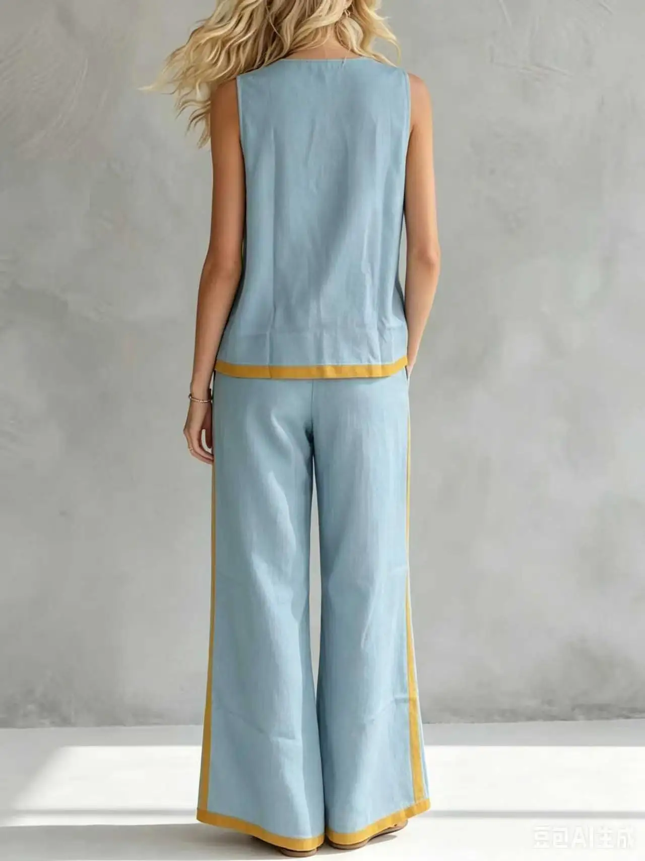 2026 Women's Casual Fashion Color Block Wide Leg Pants Set Sleeveless Two Piece Set Trendy Cross-Border Summer Outfit