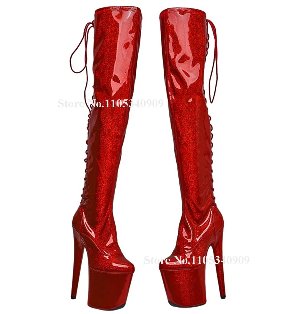 Bondarenko Red Metallic Patent Leather Over Knee Stiletto Heel Boots Round Toe Back Lace-up Thin Heel Platform Dance Shoes