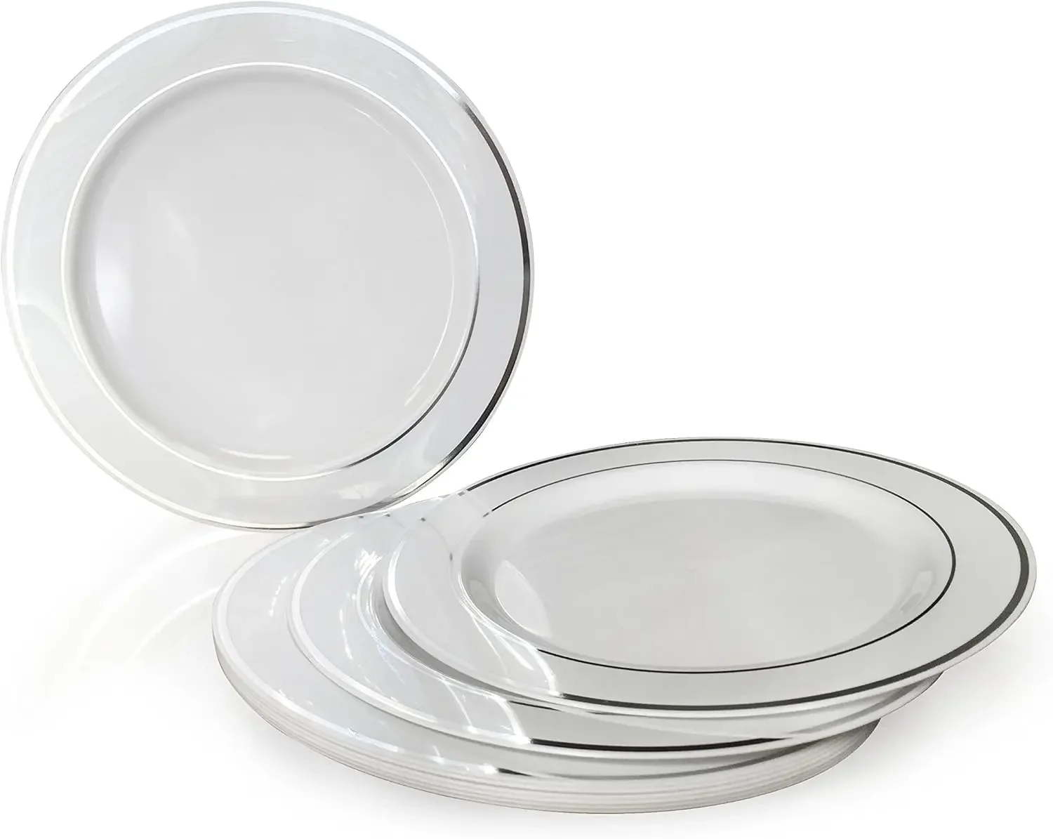 300 Pcs Set & 60 Guest Wedding Disposable Plastic Plate & Silverware Combo Set(White & Silver rim plates, Silver Silverware)