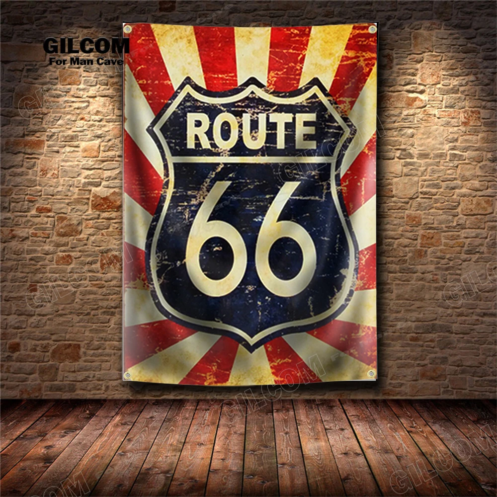 Retro Bandera Decorativa de Pared Ruta 66 de EE. UU. (La Carretera Madre) - Letrero Vintage para Man Cave, Garaje, Pub, Club, Bar