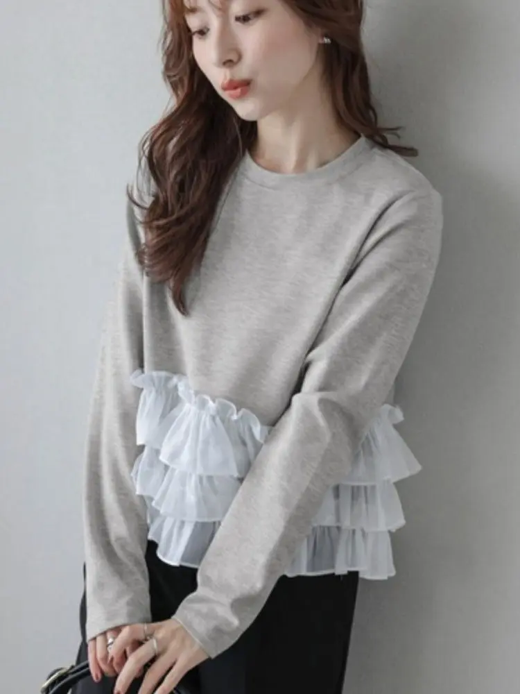 

Long Sve Splice с рюшами и подолом, женская модная утягивающая универсальная футболка, топ, осень-зима, смесь хлопка и полиэстера