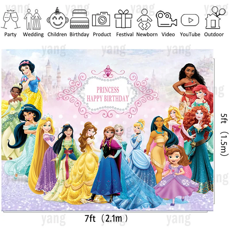 Disney Princess Mermaid Ariel Castle Wedding Pink Snow White Tangled Rapunzel Backdrop Girls Birthday Party Baby Shower Banner