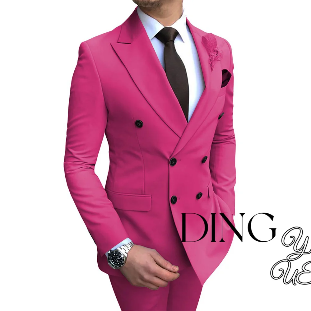 Men Slim fit 2 Piece Solid Double Breasted Button Business Casual Suit Set Blazer with Pant Wedding Prom Tuxedo Custom Suit Set