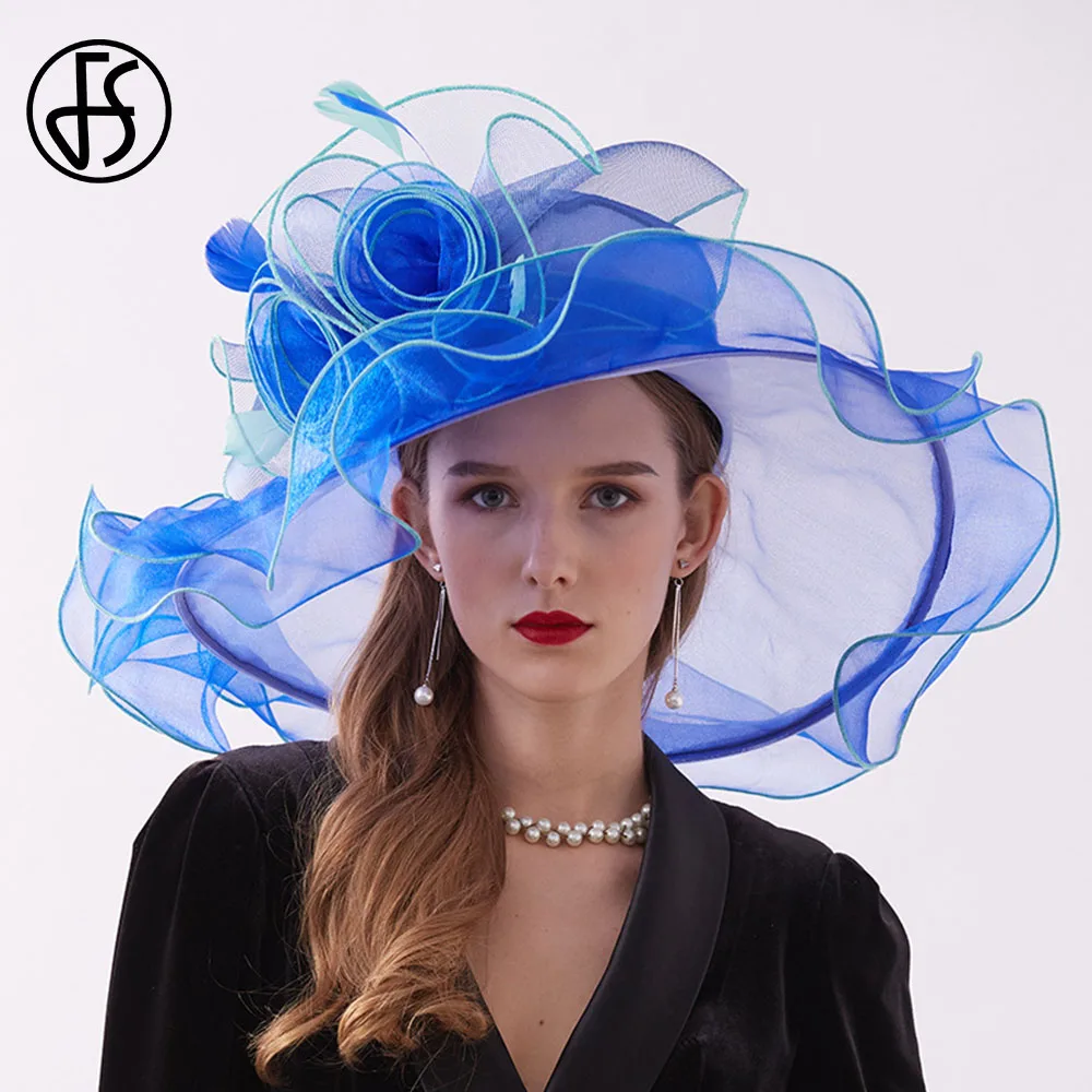 FS Organza Kentucky Derby Hats For Women Wide Brim Beach Cap Veil Flower Feather Wedding Elegant Church Party Fedoras 2023