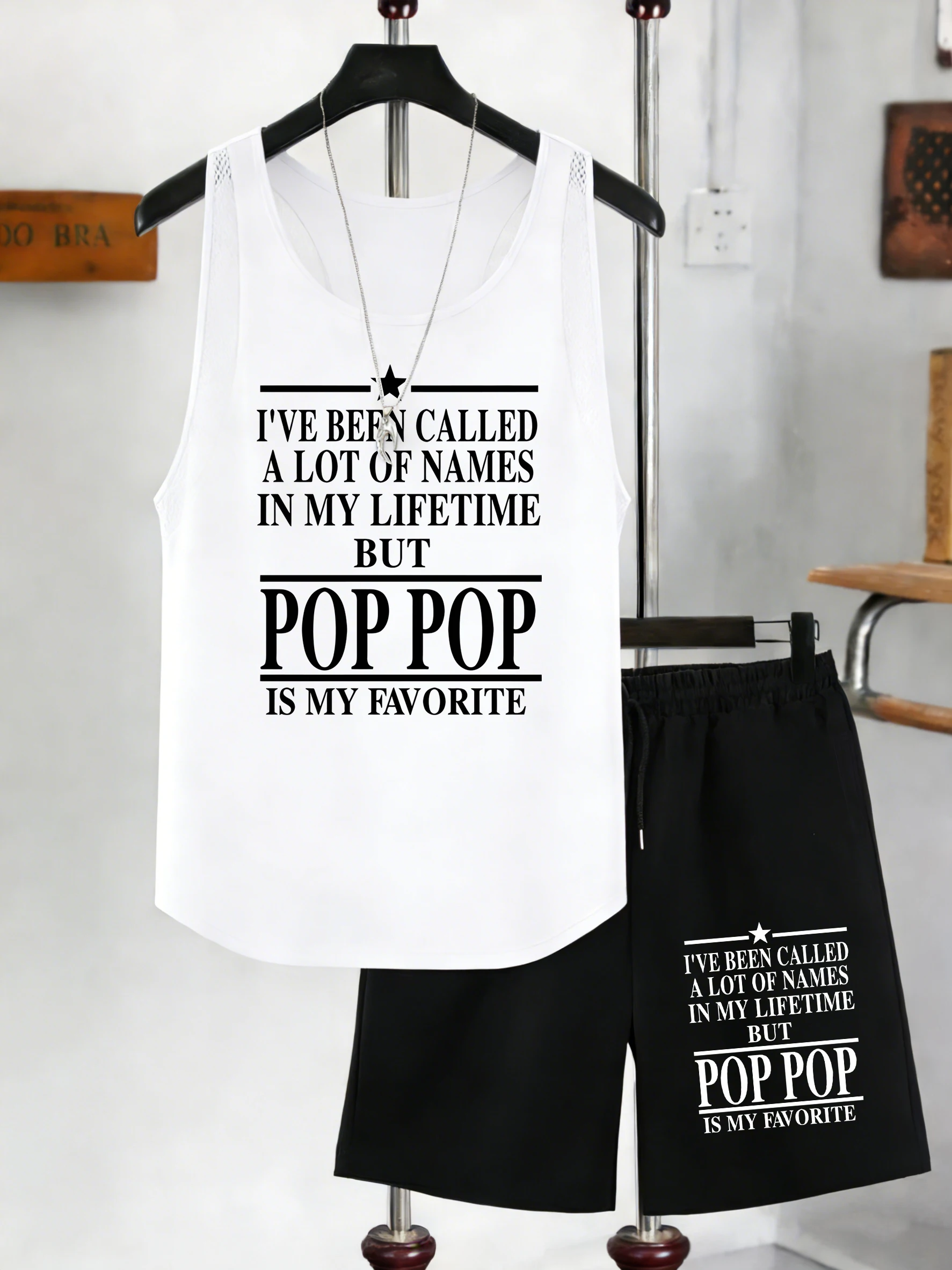 

Мужской спортивный костюм Pop Is My Favorite Print: майка без рукавов из сетки с карманами и шнурком, летние шорты с широкими штанинами