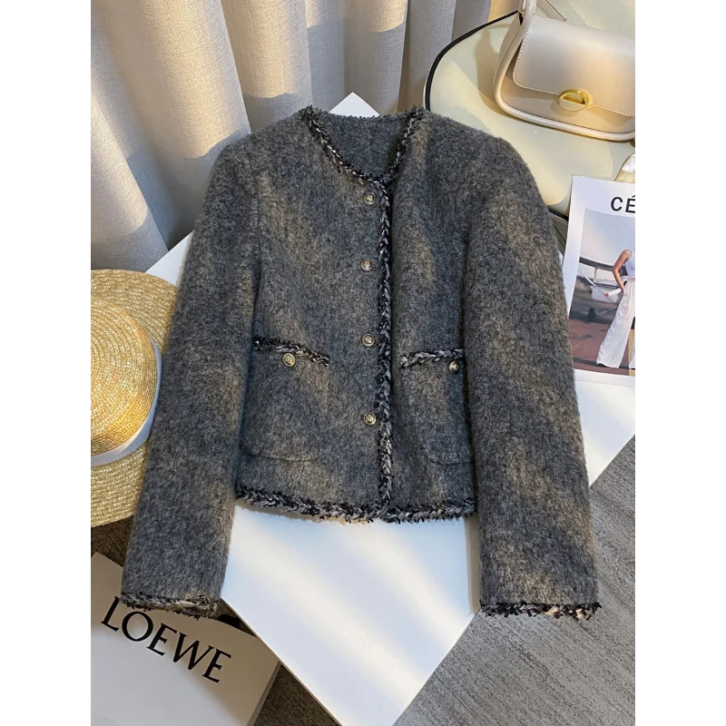 Chaqueta corta gris con pequeña fragancia para mujer, chaqueta informal sencilla a la moda, cálida, básica, de manga larga, para oficina, otoño e invierno