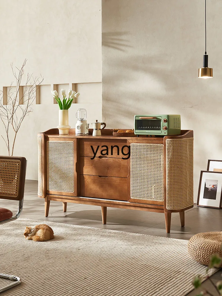 Yjq Retro Solid Wood Sideboard Living Room Tea Locker Rattan Hallway Middle-Ancient Storage Cabinet