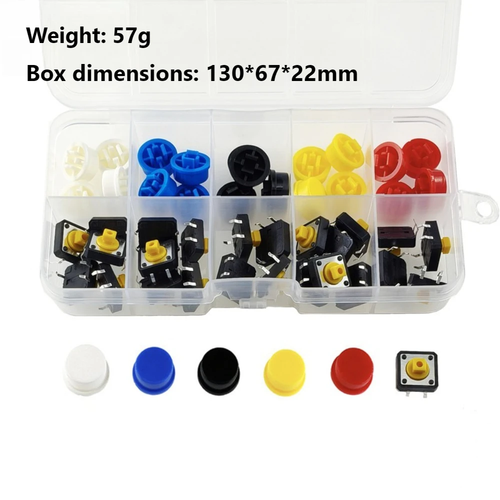 12x12x7.3mm Tactile Push Button Switch with 5-Color Caps - Micro Switch for Arduino, PCB & DIY Electronics Projects