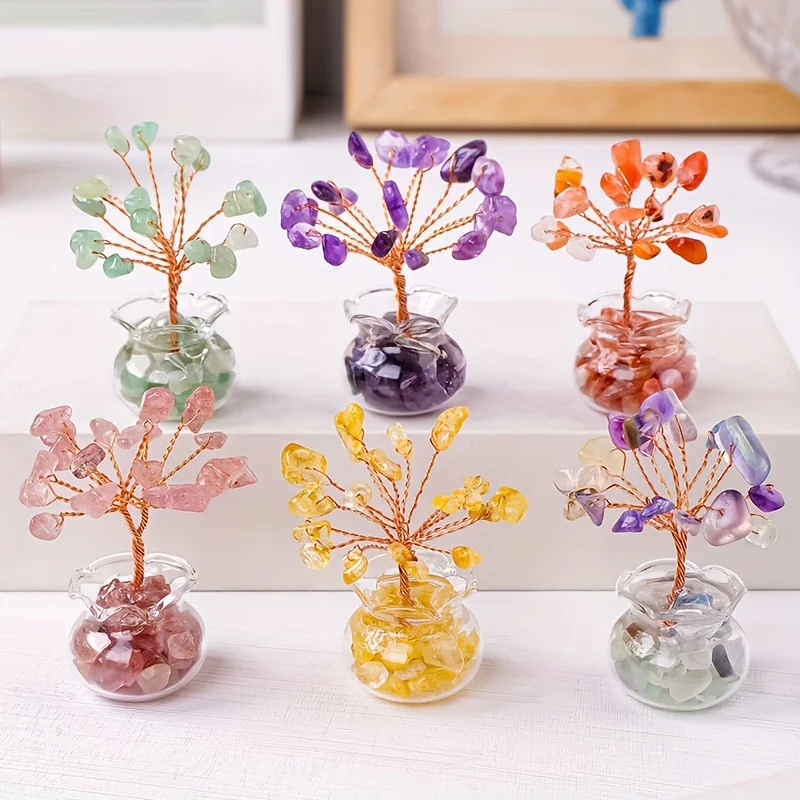 Natural Crystal Crushed Stone Wealth Tree Handmade Weaving Pendant Home Car Mini Crystal Tree Creative Spiritual Ornament Gift