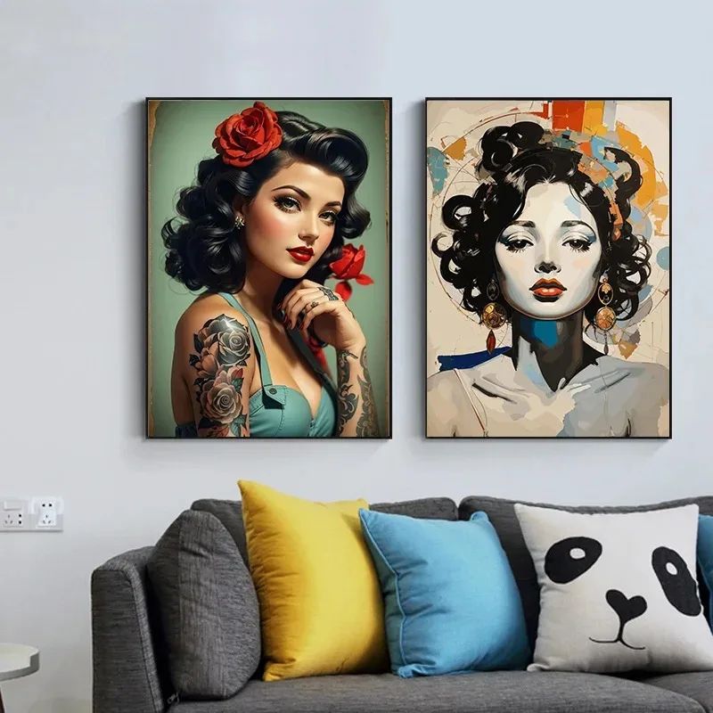 Vintage Temperament Pinup Girl Tattoo Woman Poster Print Wall Art Pictures Canvas Painting Living Room Bedroom Home Decor Gift