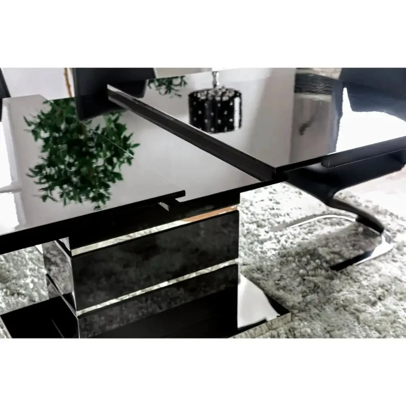 

Extendable Dining Table Black 78" Smooth Base Chrome Finish With Leaves Modern Living Room Home