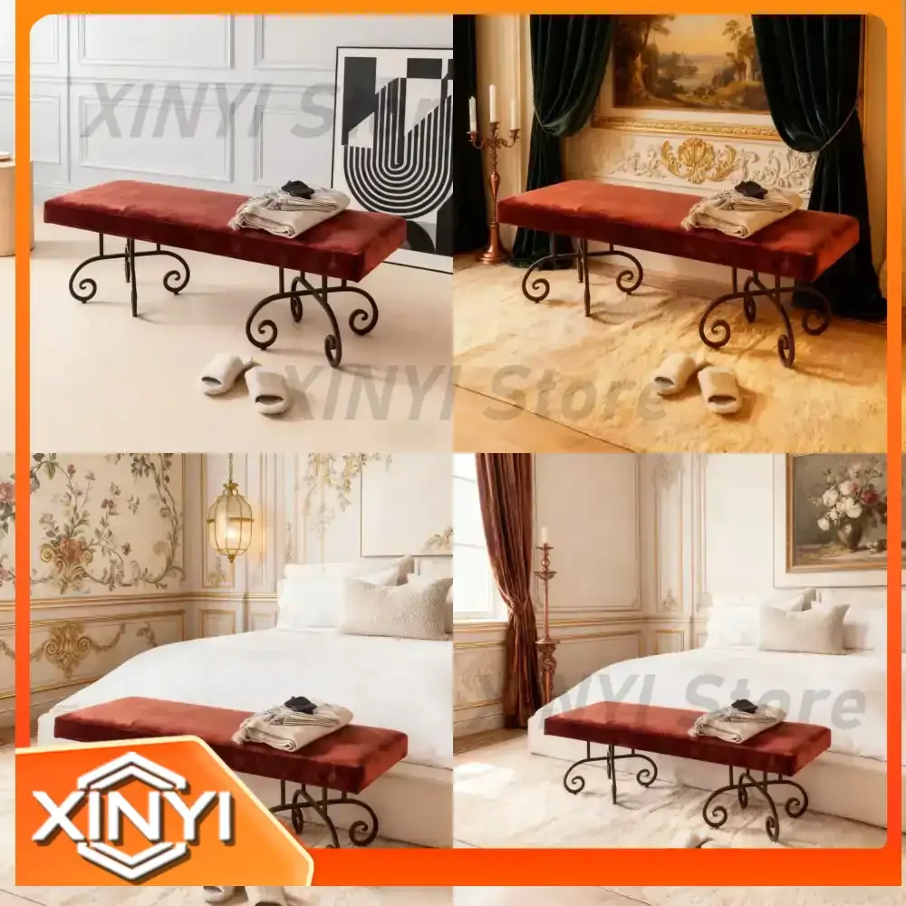 Retro Bed End Stool Ottoman for Living Room Sofas and Seating Bedroom Bedside Stool Iron Long Bar Stool Designer Shoe