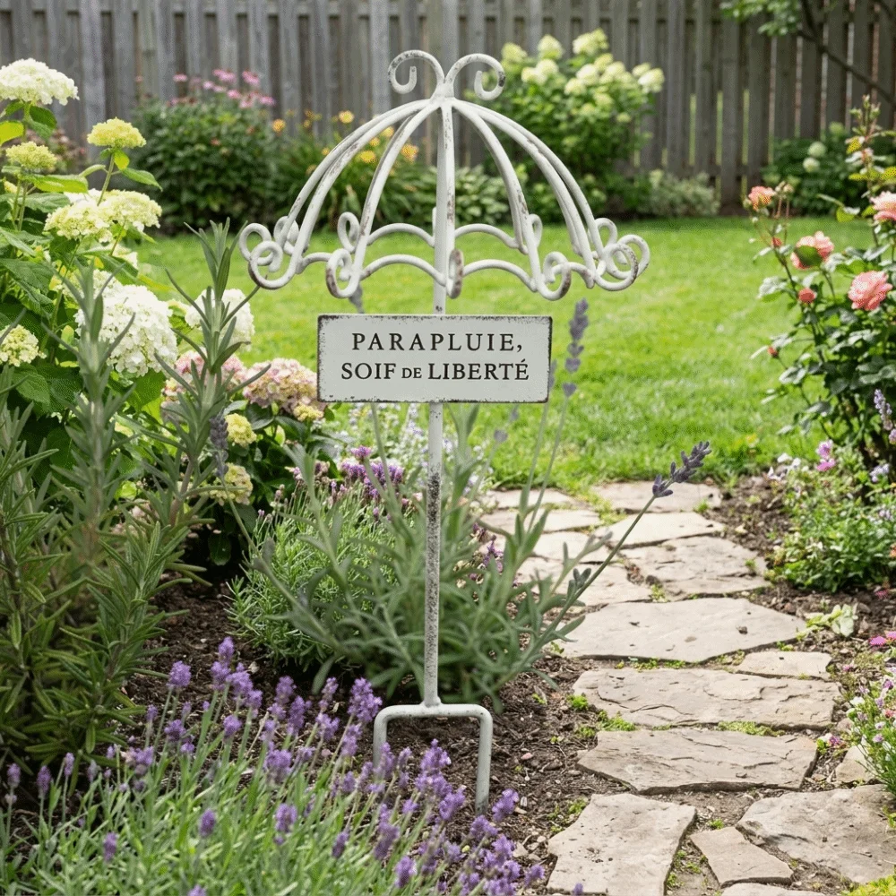 Rustic Umbrella Flower Stand Distressed Finish Iron Metal Flower Holder Lace Border Garden Stake Balcony Outdoor