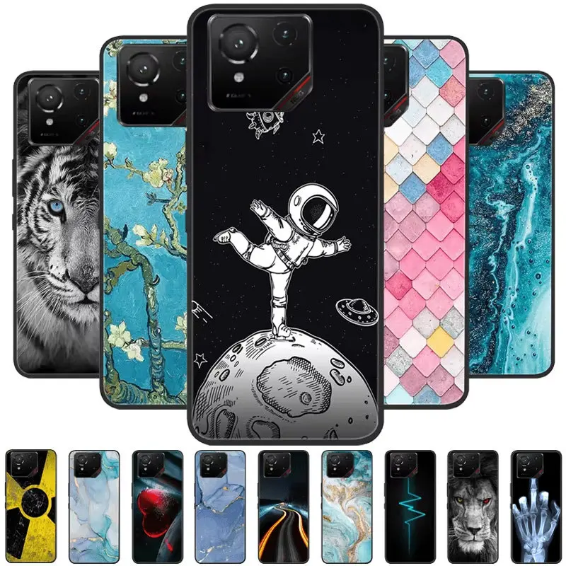 Para asus rog telefone 9 pro caso protetor dos desenhos animados preto macio tpu silicone casos de telefone para rog telefone 9 5g capa rog9 fundas pára-choques