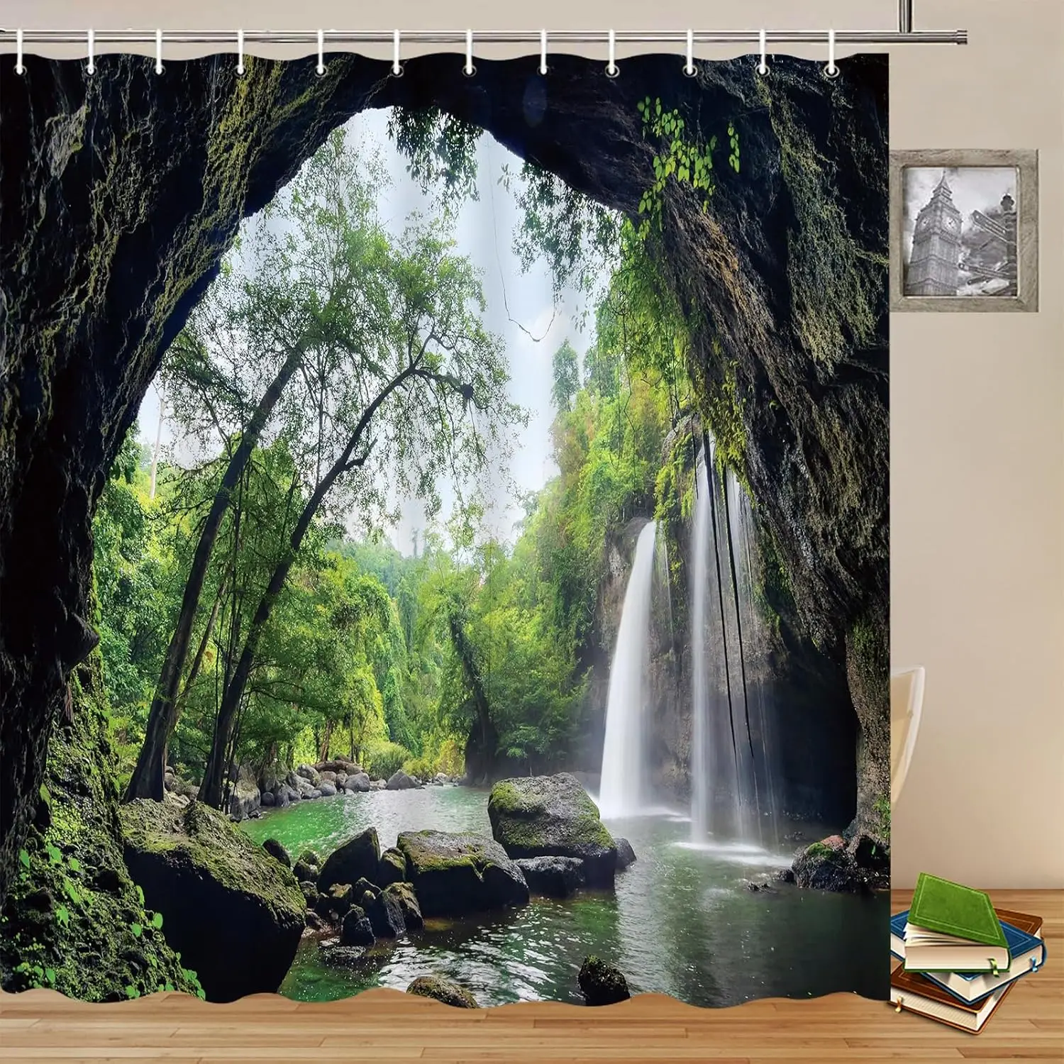 

Waterfalls Landscape Shower Curtains Forest Cave Natural Scenery Big Stone Plant Tree Leaf Flowing Water View Bathroom Decor