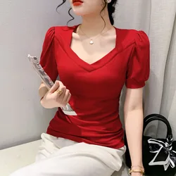 #5370 Red Black Puff Sleeve T Shirt Femme V-neck Sexy Short Women's T-shirt Slim Cotton Elasitc Women's Tee Shirt Summer