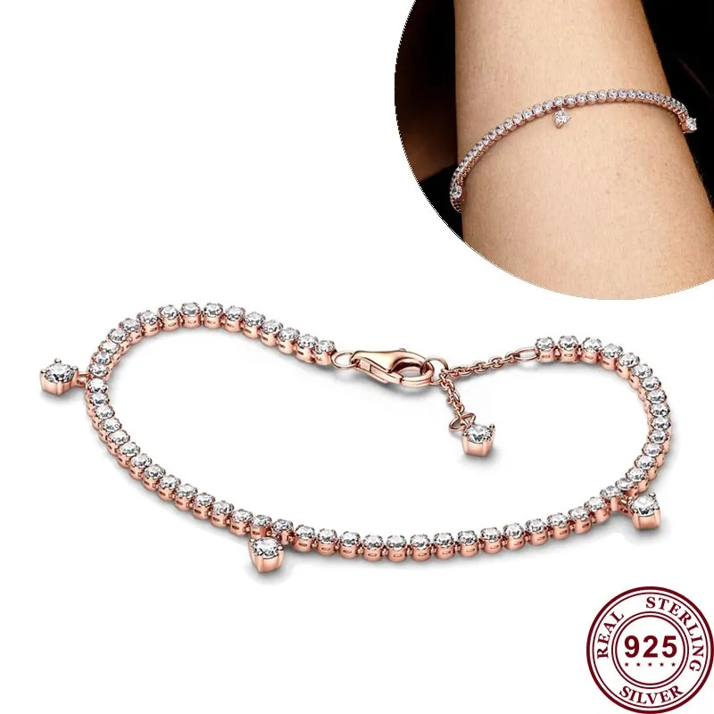 New Hot 925 Silver Sparkling And Red Tennis Original Women's Love Heart Logo Flower Bracelet Wedding DIY Fashion Charm Jewelry