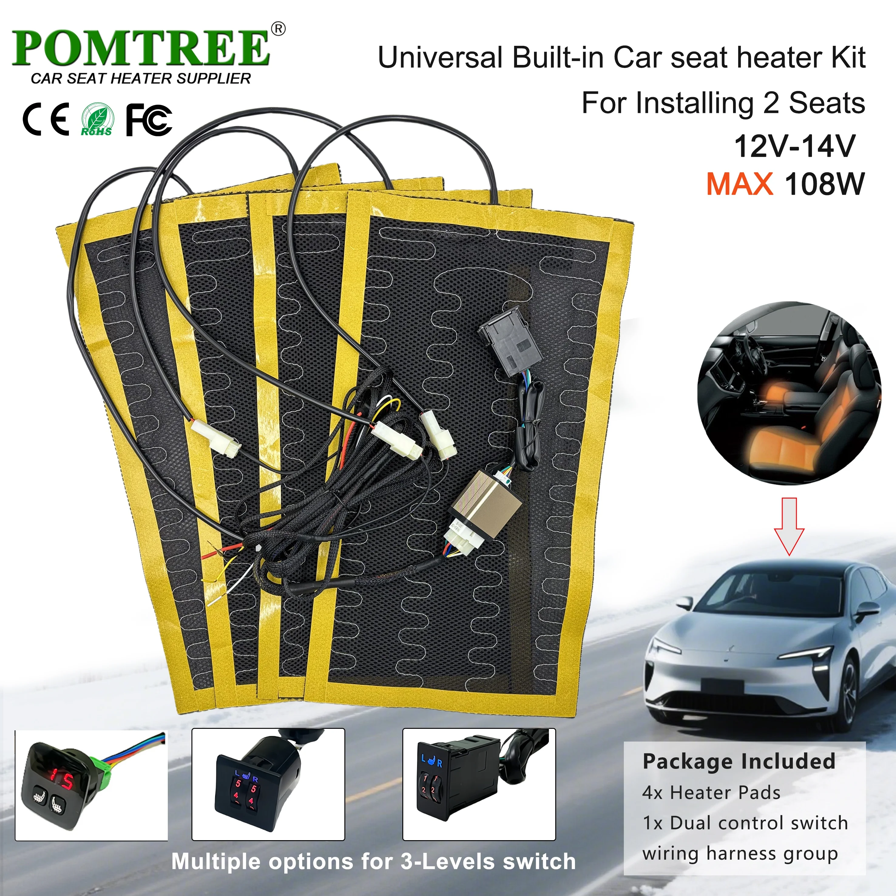 12V Universal Built-In Car Seat Heater Kit Fit 2 Seats with 4Pcs 108W Alloy Wire Heating Pads and 5-level Dual Control Switch