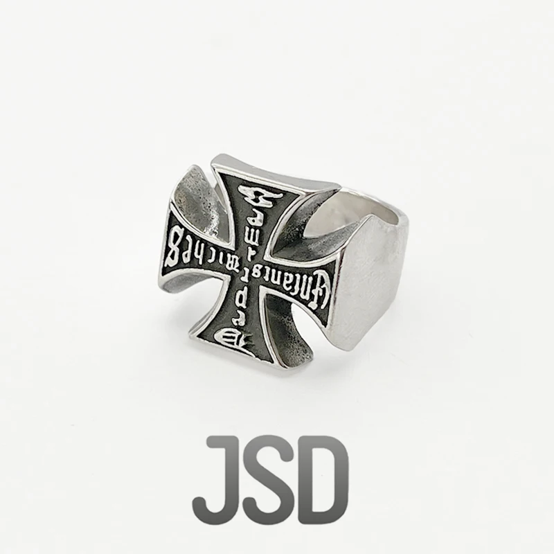 Vintage Aging Men Domineering Gothic Cross Ring Vintage Old English Letter Engraving Wide Thick Band Punk Street Fashion Stateme