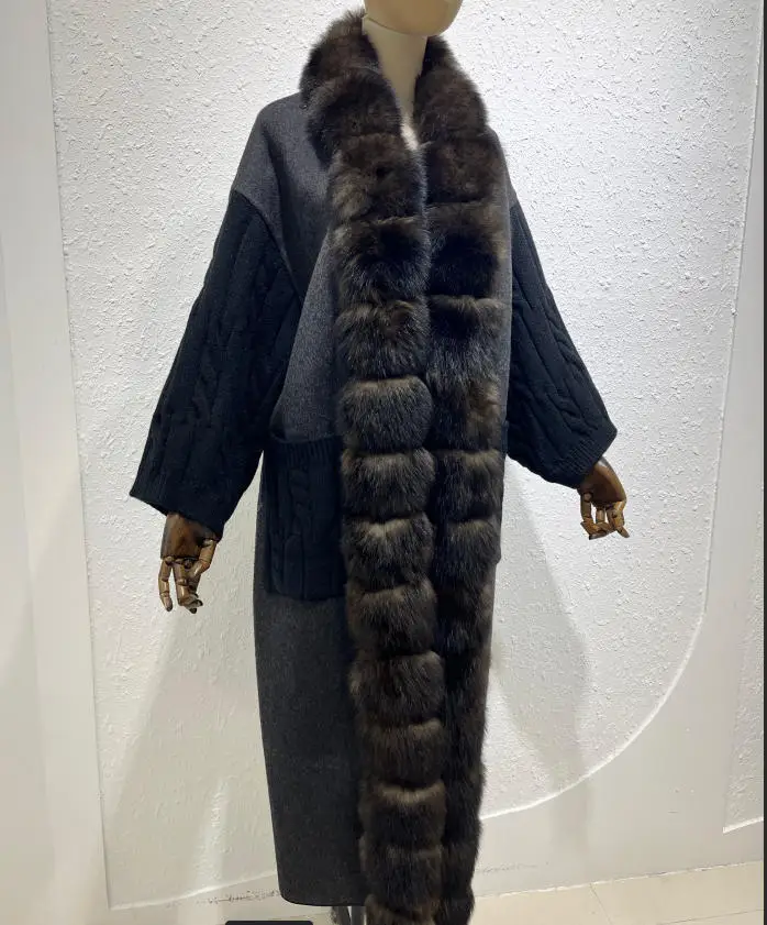 New Luxury Winter Real Natural Fox Fur Collar Woolen Blends Knit Long Overcoats Women Loose Warmth Cashmere Fur Jacket