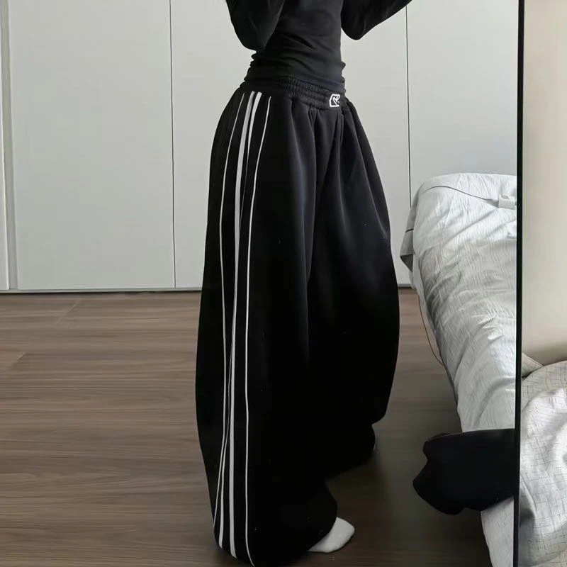 الأمريكية شريط Sweatpants النساء الشتاء سميكة عالية الخصر الشارع الشهير فضفاض Mujer سراويل للجري Y2K الهيب هوب الشرير مستقيم بنطلون