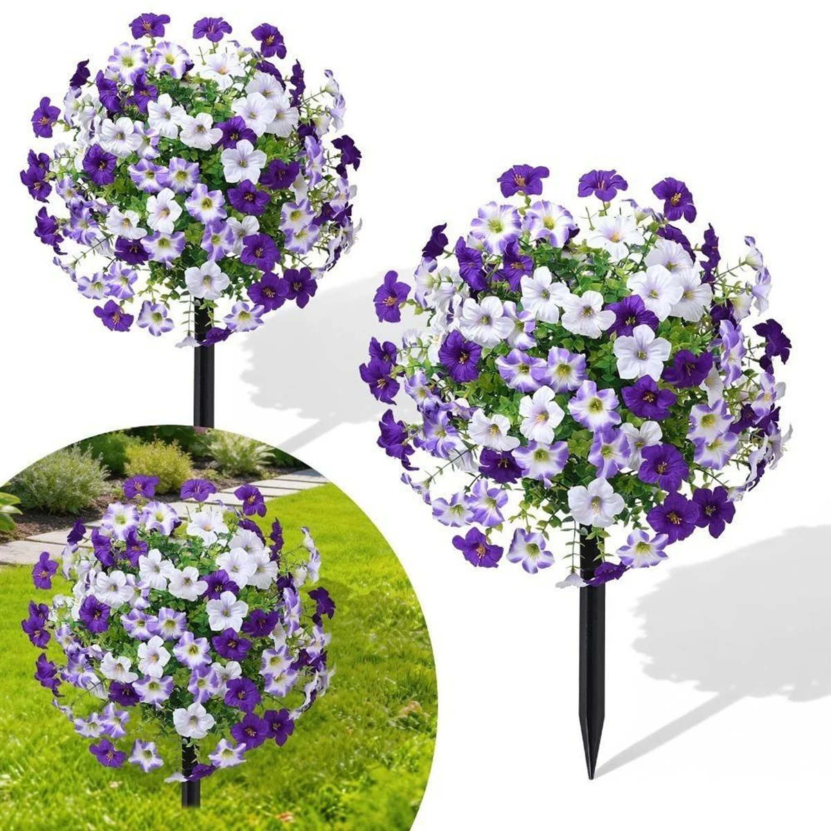 

2pcs Artificial Flowers for Outdoors UV Resistant,Artificial Petunias With Ground Stake, Fake Flowers For Garden, Yard, Planter