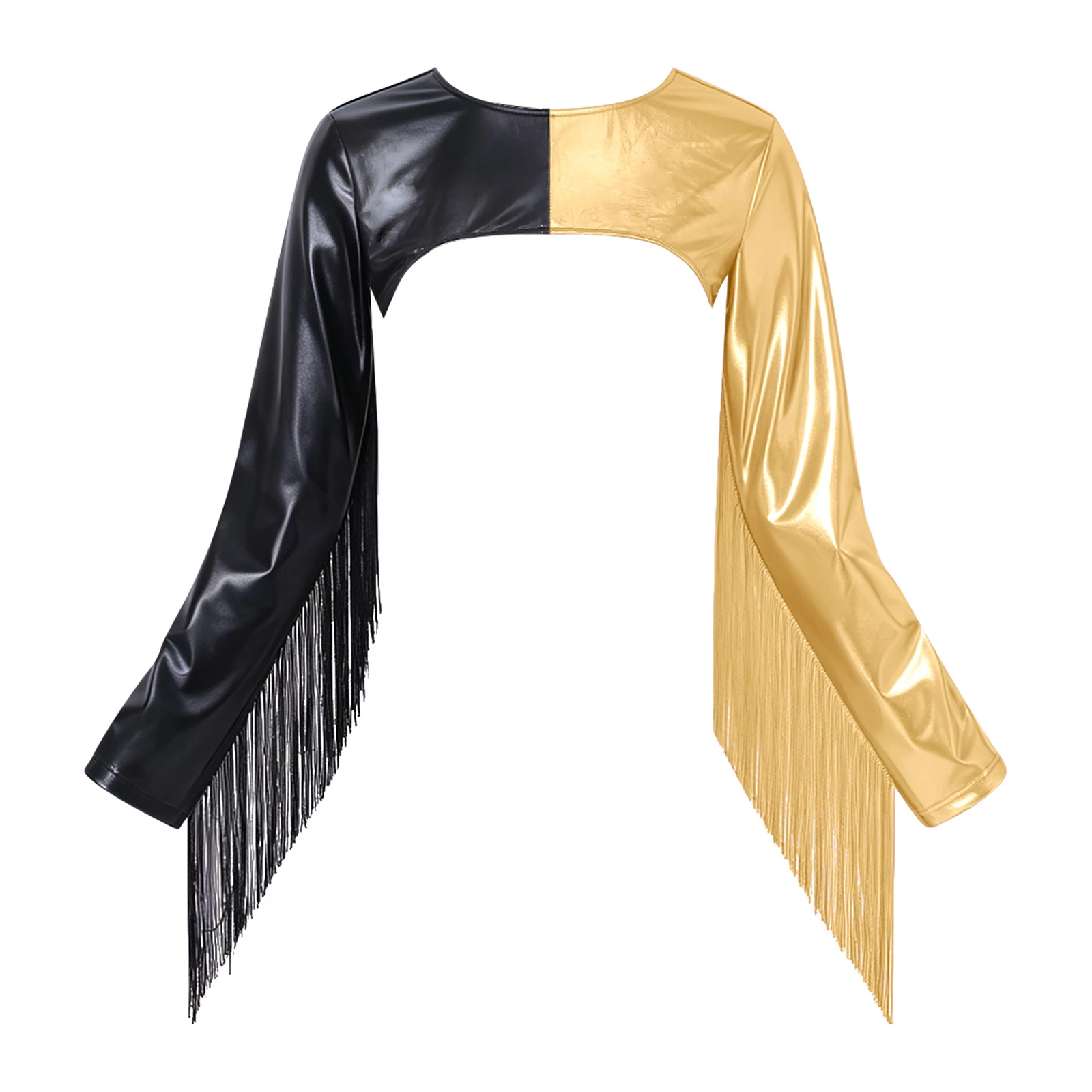 Womens Color Block Crop Top Long Sleeve Tassel Crew Neck Fringed Top for Bar Disco Jazz Dance Stage Performance Night Club Party