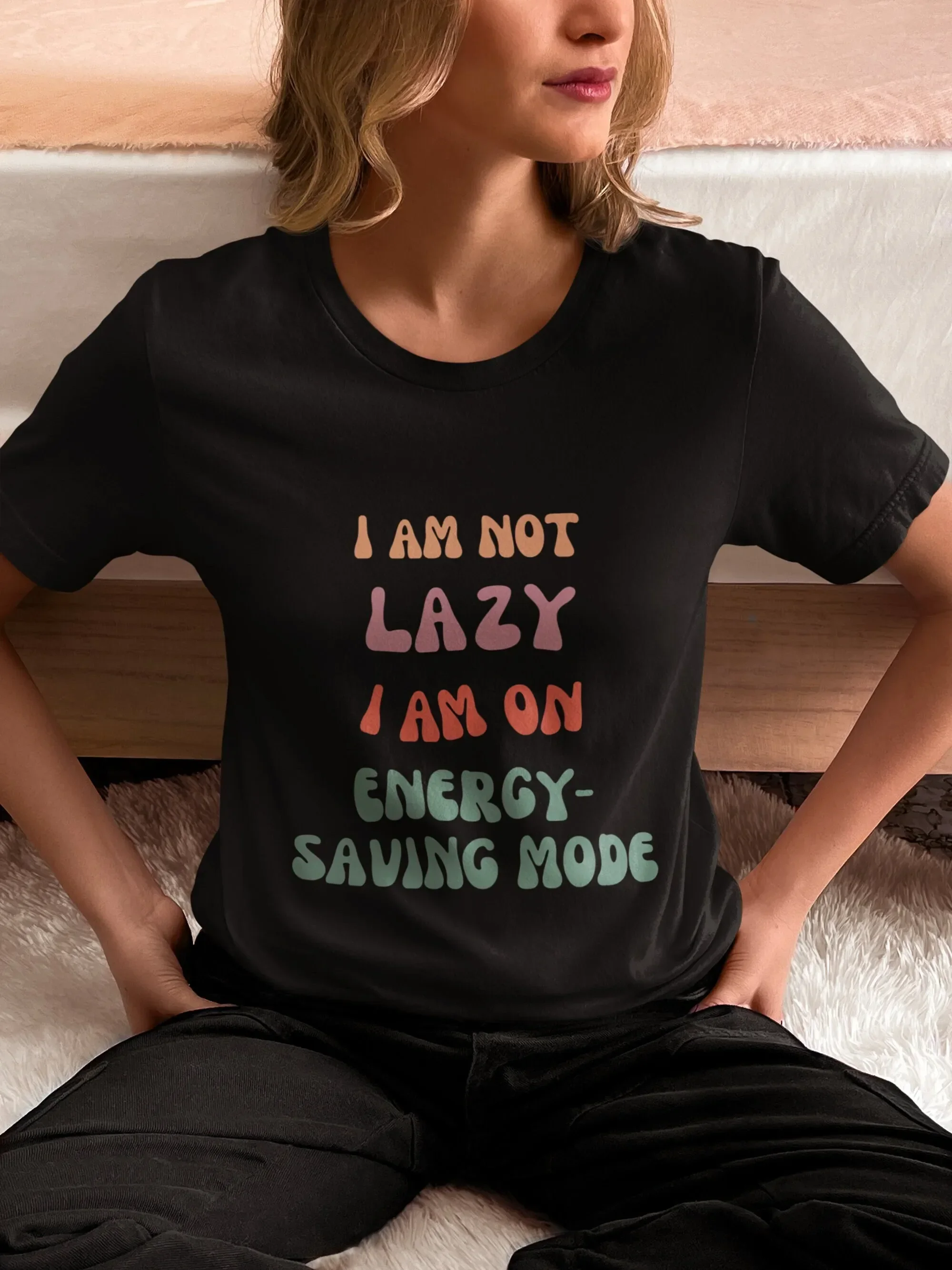 Energy Saving Mode T Shirt Comical Lazy Day Comfortable Loungewear Ideal Birthday for Friends and Family Couch Potatoes