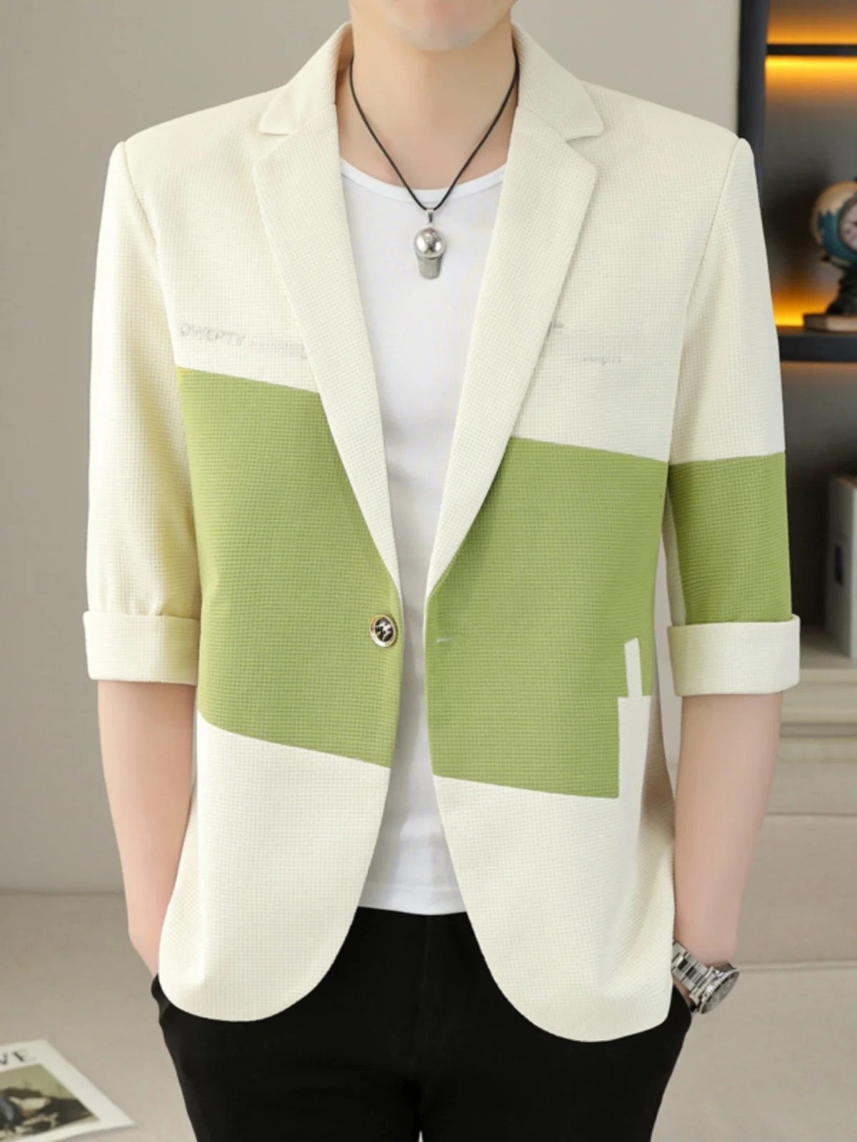 

Summer New Men's Casual Ultra-Thin Light Weight Long Sve Suit Jaet High-End Casual Wear Classy Pure Color Flat Collar